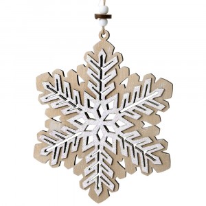 Дървена висулка снежинка, натурал и сребърен брокат, 16х17 см