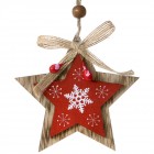 Дървена висулка звезда, натурал и червено, панделка зебло, 8 см