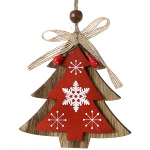 Дървена висулка елха, натурал и червено, панделка зебло, 8 см