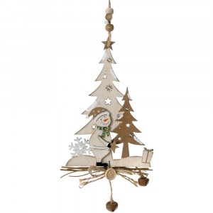 Дървена висулка, елхи и снежко със звънчета, бяло и кафе, 25 см