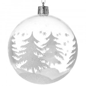 Топка пластик, прозрачна, зимна гора, бяла с брокат, 6 бр., 8 см