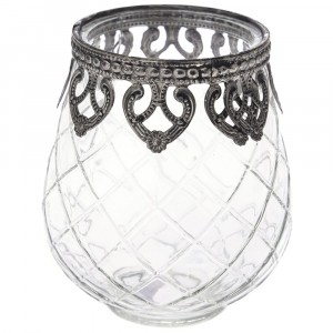 Стъклен свещник с метален обков, Ф9х11 см