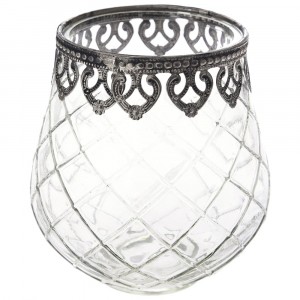 Стъклен свещник с метален обков, Ф13х14 см