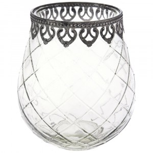 Стъклен свещник с метален обков, Ф16х18 см