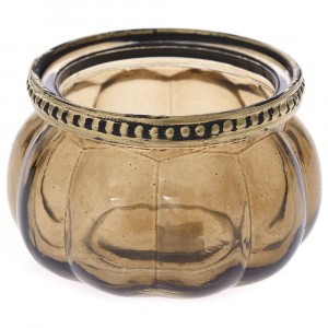 Свещник кафяво стъкло с метален обков, Ф9х6 см