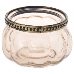 Свещник розово стъкло с метален обков, Ф9х6 см