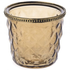 Свещник кафяво стъкло с метален обков, Ф11х10 см