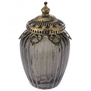 Ваза опушено стъкло с метален обков и капак, Ф8х15 см