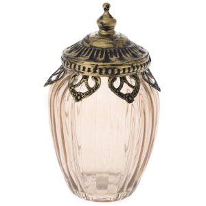 Ваза розово стъкло с метален обков и капак, Ф8х15 см