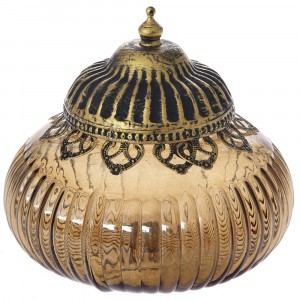 Захарница кафяво стъкло с метален обков и капак, Ф18х16 см