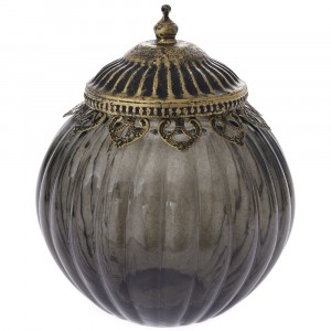 Буркан опушено стъкло с метален обков и капак, Ф16х19 см