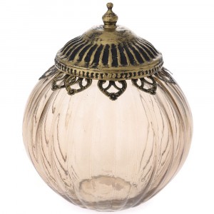 Буркан розово стъкло с метален обков и капак, Ф16х19см