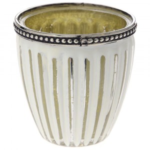 Свещник бяло стъкло с метален обков, Ф9х9см