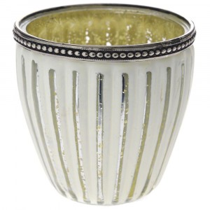 Свещник бяло стъкло с метален обков, Ф10х10см