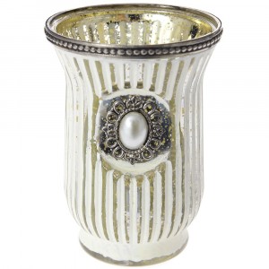 Свещник бяло стъкло с метален обков, Ф11х15см