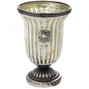 Свещник бяло стъкло с метален обков, Ф10х15 см