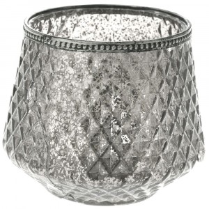 Свещник стъкло с метален обков, сребро, Ф16х13см
