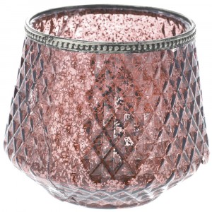 Свещник стъкло с метален обков, розов, Ф16х13см