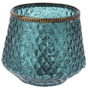 Свещник стъкло с метален обков, син, Ф16х13см