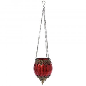 Висящ свещник стъкло с метален обков, червен, Ф12х16см