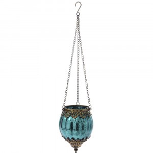 Висящ свещник стъкло с метален обков, син, Ф12х16см