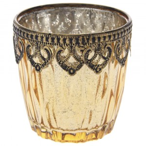 Свещник стъкло с метален обков, злато, Ф10х9см