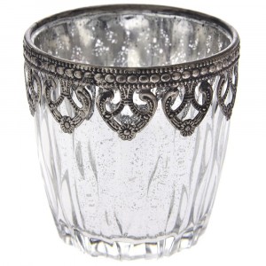 Свещник стъкло с метален обков, сребро, Ф10х9см