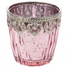 Свещник стъкло с метален обков, розов, Ф10х9см