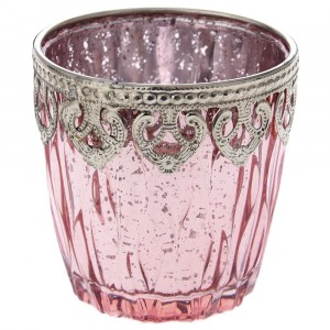 Свещник стъкло с метален обков, розов, Ф10х9см