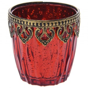 Свещник стъкло с метален обков, червен, Ф10х9см