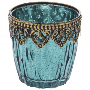 Свещник стъкло с метален обков, син, Ф10х9см