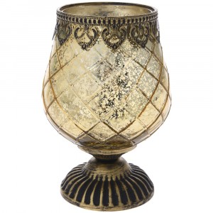 Свещник стъкло с метален обков на столче, злато, Ф13х19см