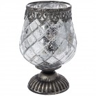 Свещник стъкло с метален обков на столче, сребро, Ф13х19см