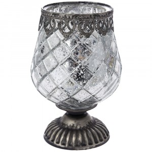 Свещник стъкло с метален обков на столче, сребро, Ф13х19см