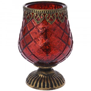 Свещник стъкло с метален обков на столче, червен, Ф13х19см