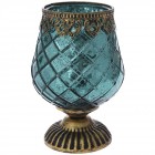 Свещник стъкло с метален обков на столче, син, Ф13х19см