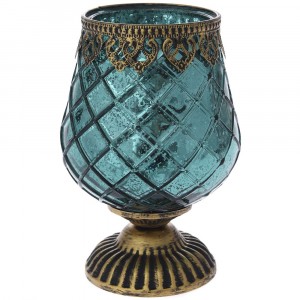 Свещник стъкло с метален обков на столче, син, Ф13х19см