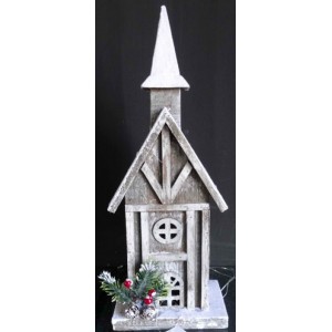 Дървена  заснежена  къща с 10 LED лампички, сиво претрито, 15х10х46 см