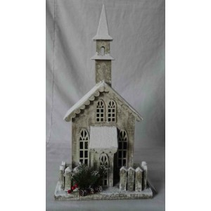 Дървена  заснежена  къща с 10 LED лампички, сиво претрито, 8х18х63 см