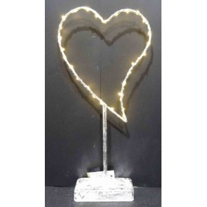 Метално светещо сърце с 20 LED лампички, сребро, 40 см