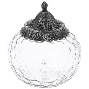 Буркан прозрачно стъкло с метален капак, сребро, Ф14х18см