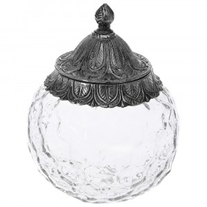 Буркан прозрачно стъкло с метален капак, сребро, Ф19х22 см