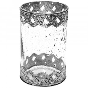 Стъклен свещник с метална декорация, Ф13х20 см