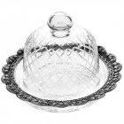 Стъклен поднос за торта с метална декорация и капак, Ф20х14 см