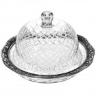 Стъклен поднос за торта с метална декорация и капак, Ф14х15 см