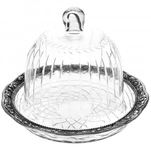 Стъклен поднос за торта с метална декорация и капак, Ф24х19 см