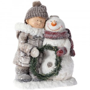 Фигурка момче със снежко, светеща, поли, светло кафяво, 33х22х40 см