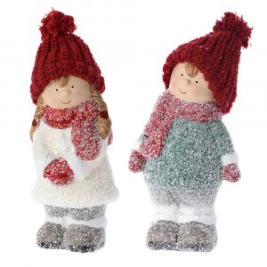 Фигурки момче и момиче с червени шапки, комплект, поли, заснежени, 9х6х16 см