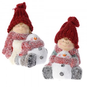 Фигурки момче и момиче с червени шапки и снежко, комплект, поли, заснежени, 11х11х13см