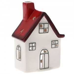 Керамичен светилник бяла къща с червен покрив, гланц, 10х7х13 см